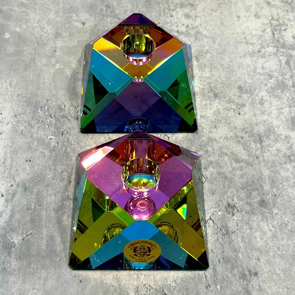 House of Goebel vintage W Germany lead crystal iridescent candle holders